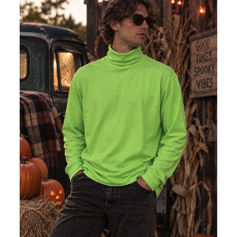 Idee Sportswear Mens Neon Green Turtleneck Long Sleeve Shirt Made in USA Small